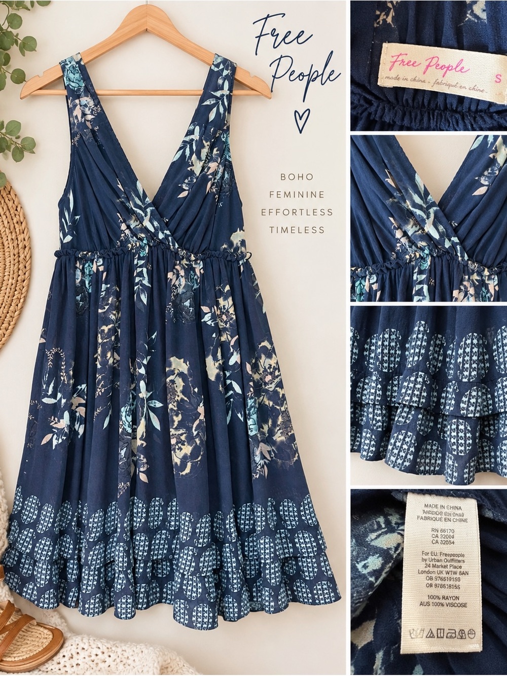 Free People Navy Floral Boho Midi Dress S Empire Waist Ruffle Hem V Neck